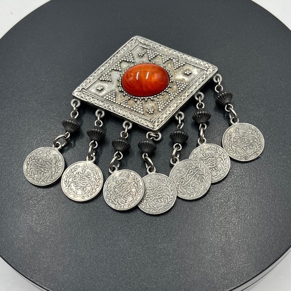 Ben-Amun Designer 2 Sided Coins Dangle Geometric Pin Orange Cab Statement Brooch